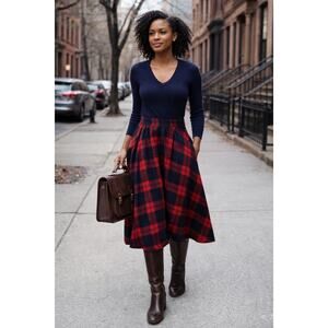 Vintage Plaid Wool Skirt Red Navy Tartan Midi A Line Preppy 28 Waist
